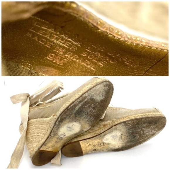 TORY Burch Canvas Lace up Ankle Espadrilles Wedge Heel In Gold Size 9 - Picture 8 of 8